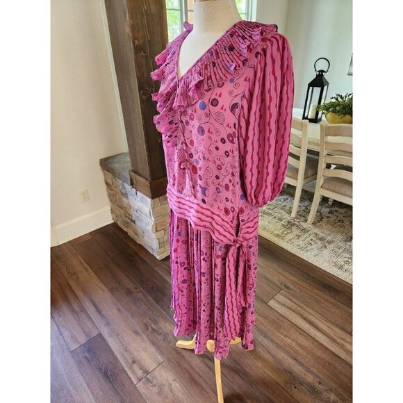 Vintage 80s Judi Michael 2 piece pleated skirt set Flapper Mixed Print Ruffle - Picture 2 of 11